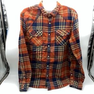 Lucky Brand Men's Casual 100% Cotton Plaid Shirt w Snaps-Orange and Blue-Size L